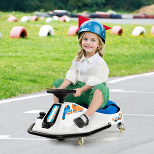 Costway Kart da drift elettrico per bambini con giro a 360°connessione wireless e USB radio e musica, Motore brushless da 200W ,Guida 9-15 km/h Blu