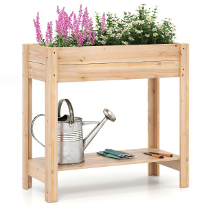 Costway Letto da giardino rialzato in legno con gambe per fiori erbe, Fioriera elevata con mensola di stoccaggio Naturale