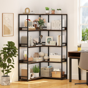 Costway Libreria ad angolo a 5 ripiani a forma di L con struttura in metallo, Scaffale espositivo aperto industriale Marrone