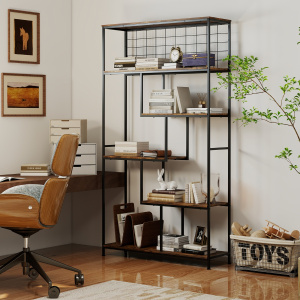 Costway Porta piante industriale autoportante con rete metallica per soggiorno, Libreria alta a 6 livelli geometrica da interno Marrone