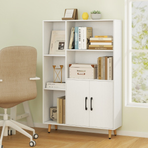 Costway Libreria autoportante con 5 scomparti aperti e armadio, Mobile espositore moderno con piedi in metallo Bianco