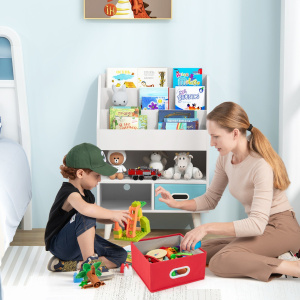 Costway Libreria per bambini con libreria a 3 ripiani scomparto aperto e 2 cassetti in tessuto pieghevoli, Scaffale in legno Bianco