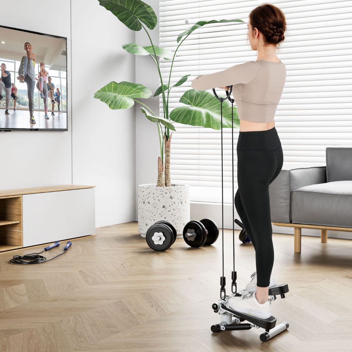 Costway Macchina per scalini con fasce di resistenza altezza regolabile e pedali antiscivolo, Mini stepper per esercizio a casa Bianco