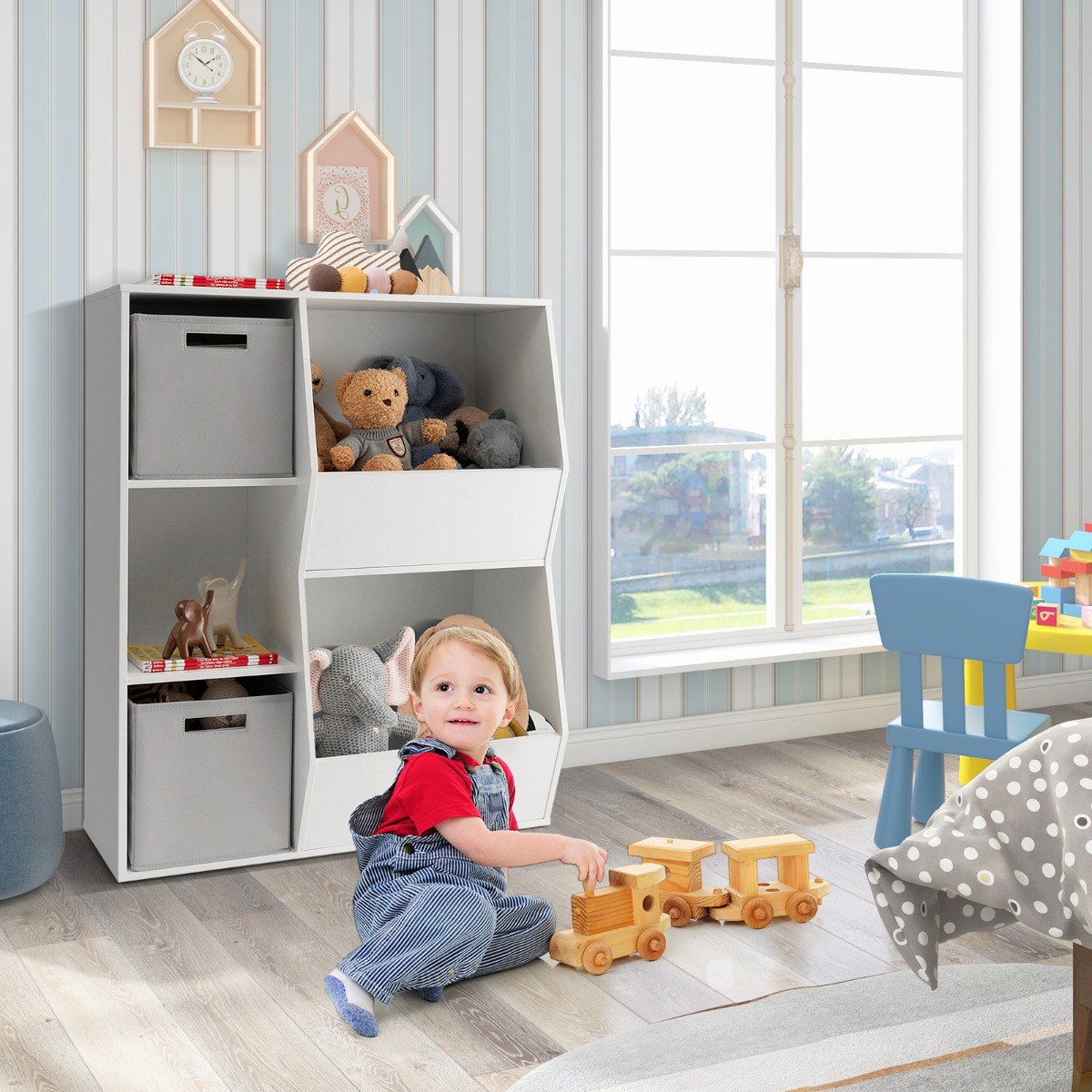 Costway Mobile portagiochi per bambini in legno, Libreria a cubi con 5 ripiani e 2 contenitori di tessuto Bianco