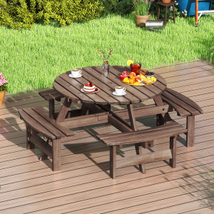 Costway Set tavolo da picnic rotondo per 8 persone, Tavolo da pranzo circolare con 4 panchine Marrone