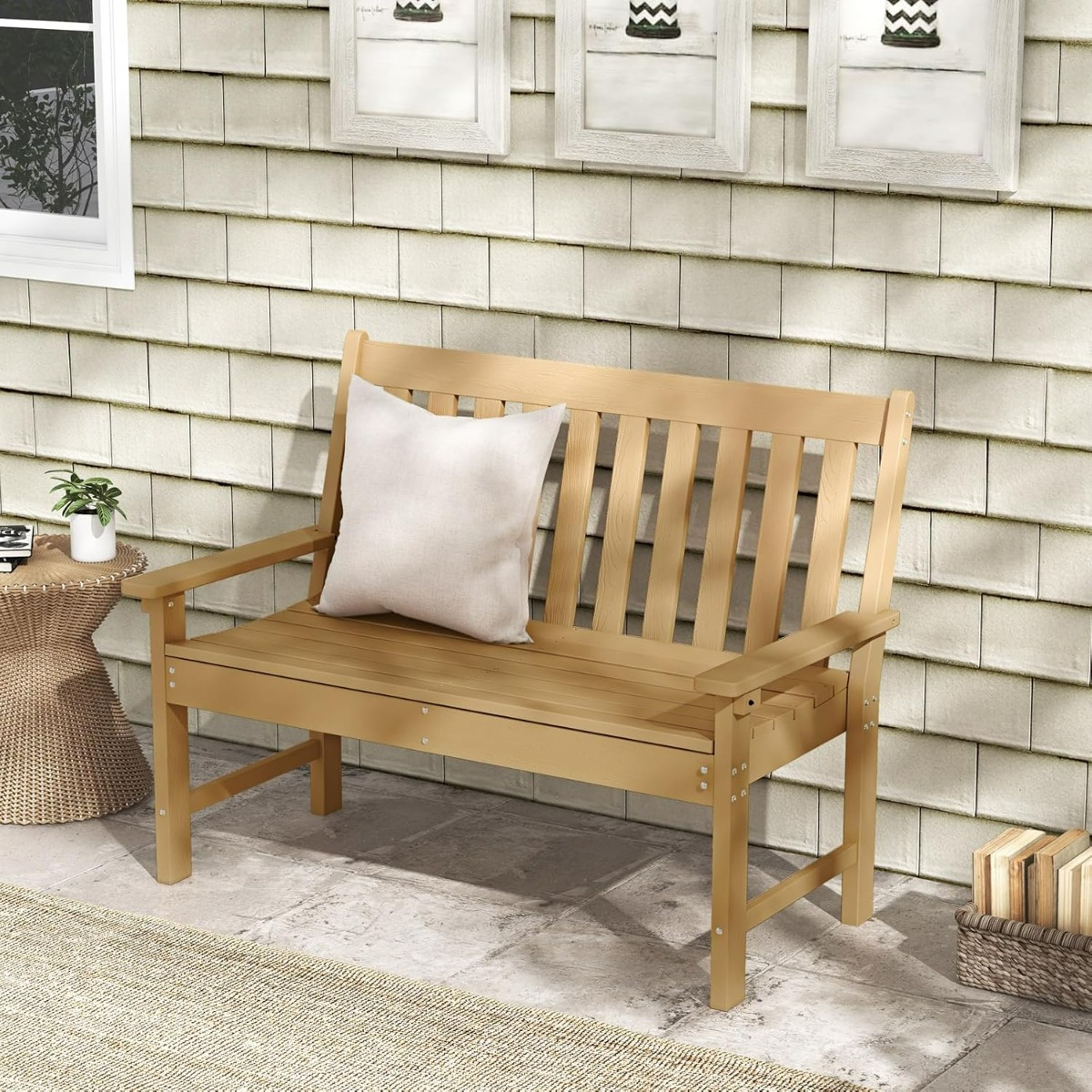 Costway Panchina per 2 persone da esterno con schienale e braccioli, Panchina da giardino in HDPE resistente Naturale