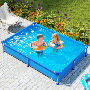 Costway Piscina rettangolare da esterno per bambini dai 3 anni in su con struttura netallica, Piscina fuori terra pareti in PVC robusto Blu