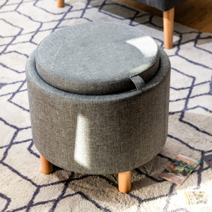 Costway Pouf rotondo con contenitore vassoio base in legno massello e piedini antiscivolo, Poggiapiedi imbottito Grigio
