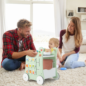 Costway Primi passi per bambini in legno 6 in 1, Carrellino primi passi per spingere e tirare con cucina giocattolo Verde