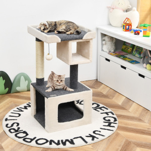 Costway Albero per gatti con tiragraffi e pallina felpata, Centro attività interno per gattini per giocare Beige e grigio