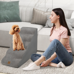 Costway Rampa per cani con 5 scalini in schiuma, Scale per animali con copertura lavabile fondo antiscivolo Grigio