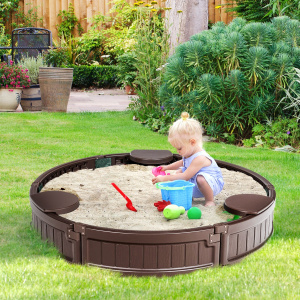 Costway Recinto di sabbia rotondo 120 cm con copertura impermeabile, Kit recinto di sabbia da esterno per cortile Marrone