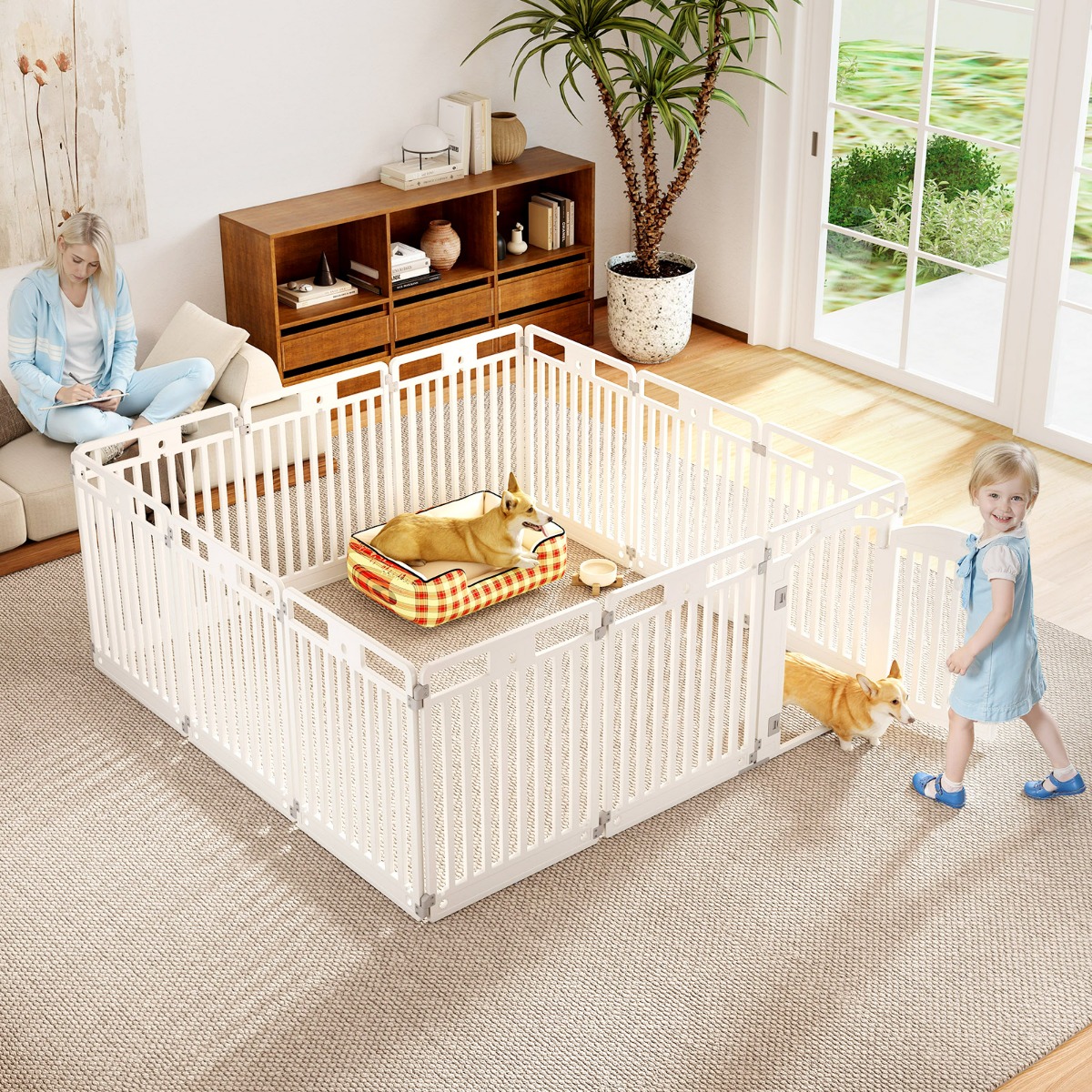 Costway 81 cm Recinto per cani a 6 pannelli con porta di bloccaggio e picchetti da terra, Casa per cani medi e piccoli Bianco