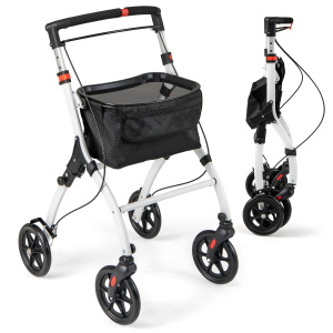 Costway Rollator per anziani con vassoio cesto per la spesa 4 ruote e freni, Deambulatore pieghevole regolabile in altezza Bianco e nero