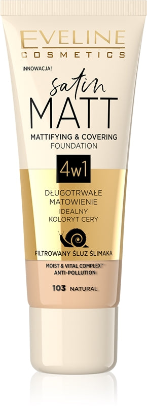 Eveline Cosmetics Satin Matt fondotinta opacizzante con estratto di bava di lumaca colore 103 Natural 30 ml