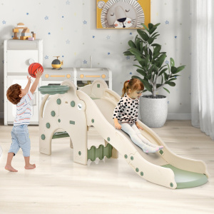 Costway Scivolo per bambini con carinissima forma di elefante, Scivolo 4-in-1 per bambini con canestro da basket e pallone Verde