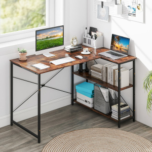 Costway Scrivania angolare a forma di L con ripiano regolabile, Tavolo da studio salvaspazio per ufficio in casa Marrone