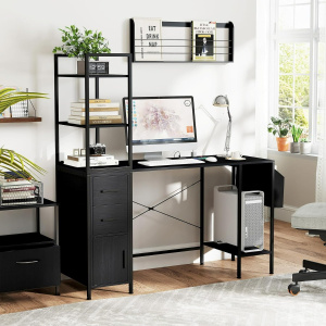 Costway Scrivania da ufficio con luci LED e prese di corrente, Scrivania per computer con ripiani aperti scrivania gaming per casa Nero