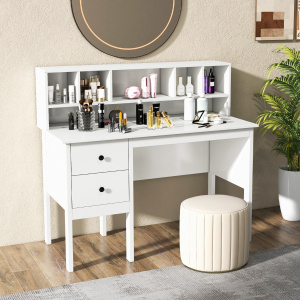 Costway Scrivania per computer con prese elettriche, Scrivania da 120cm con 5 vani e 2 cassetti porte USB Bianco
