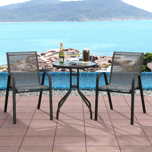 Costway Set bistrot da esterno 3 pezzi, Tavolino rotondo con 2 sedie impilabili piano tavolo in vetro temperato Grigio