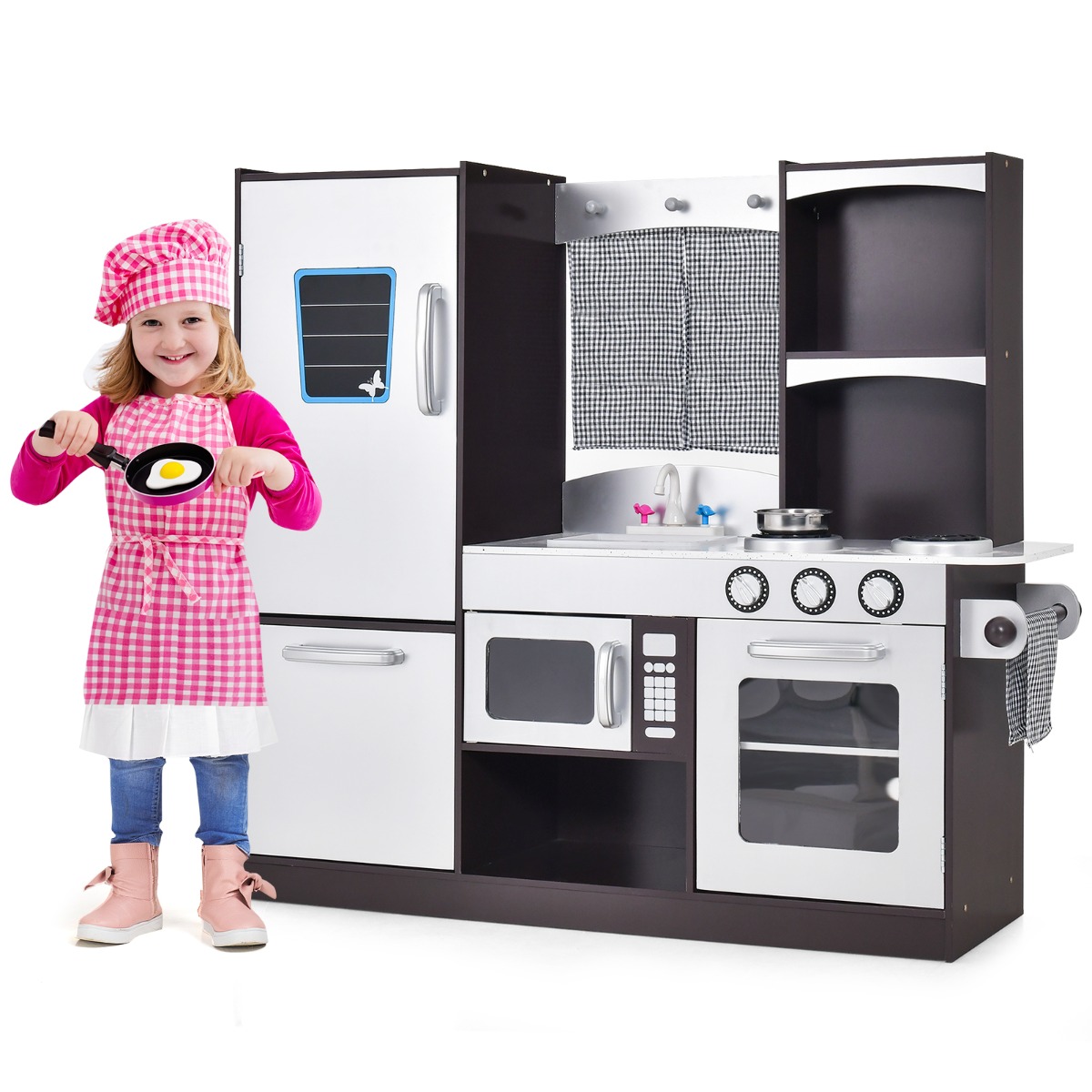 Costway Set cucina in legno per bambini, Cucina gioco con frigorifero giocattolo lavagna forno fornelli a gas 97x30x95cm