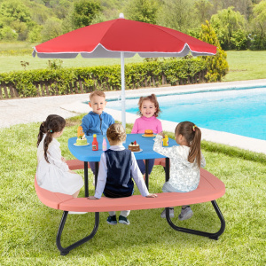 Costway Set da esterno per bambini fino a 8 posti con ombrellone e 4 panche, Arredo per bambini Rosso