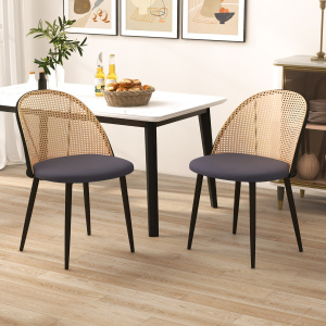 Costway Set di 2 sedie da pranzo con schienale in rattan sedile imbottito, Sedie da cucina in stile rustico Grigio