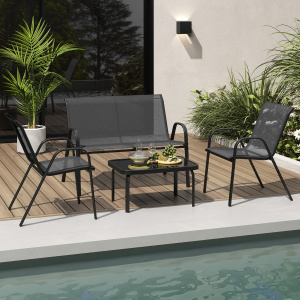 Costway Set da 4 pezzi di mobili per esterni con tavolino in vetro temperato, Set da conversazione all’aperto Grigio