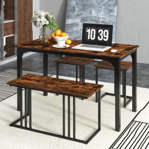 Costway Set di tavolo da pranzo da 4 pezzi per 4 persone, Tavolo da cucina con panca e 2 sgabelli con struttura in metallo Marrone