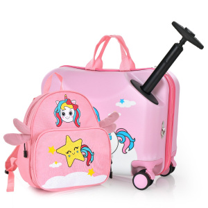 Costway Set di valigie per bambini da 2 pezzi, Valigia con zaino duro e impermeabile con ruote 47×26,5×36,5cm Rosa
