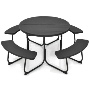 Costway Set tavolo da picnic per 8 persone con 4 panche e foro per ombrellone, Tavolo da picnic circolare portata 225kg Nero