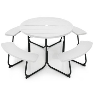 Costway Set tavolo da picnic per 8 persone con 4 panche e foro per ombrellone, Tavolo da picnic circolare portata 225kg Bianco