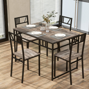 Costway Set tavolo da pranzo 5 pezzi con struttura in metallo, Tavolo da cucina rettangolare e 4 sedie Grigio