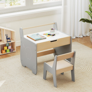 Costway Set tavolo e sedia per bambini con piano rimovibile 2-in-1, Set scrivania in legno con spazio di archiviazione Grigio