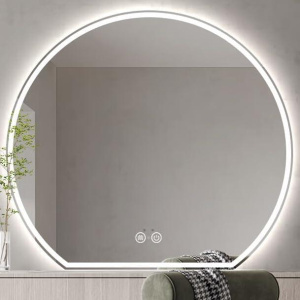 Costway Specchio da bagno LED 60x54cm luci dimmerabili interruttore a sfioramento anti-appannamento, Specchio da parete rotondo