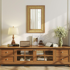 Costway Specchio da parete in rattan con cornice in legno, Specchio decorativo rotondo bohemien da parete 90 x 60 cm