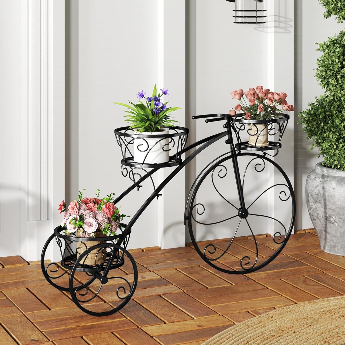 Costway Supporto per piante a triciclo con ruote, Fioriera metallica a 3 livelli per patio Nero