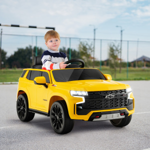 Costway SUV elettrica 12V per bambini con telecomando 2,4G sospensione a molla luci e musica, Chevrolet auto elettrica Giallo