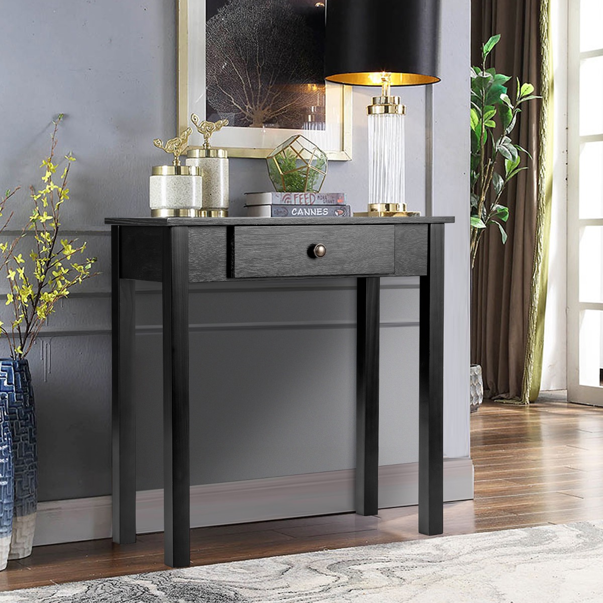 Costway Tavolino consolle con cassetto gambe in legno massello, Scrivania da veranda per soggiorno bagno ingresso Nero