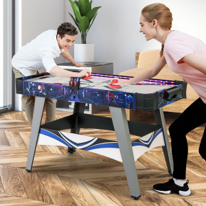 Costway Tavolo da hockey alimentato con 2 spintori e dischi piedini regolabili, Tavolo da gioco air hockey tabellone segnapunti LED Blu
