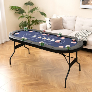 Costway Tavolo da poker pieghevole 182cm per 8 giocatori, Tavolo da gioco ovalo per blackjack texas hold’em Blu