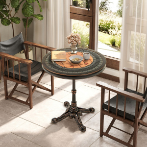 Costway Tavolo da pranzo rotondo da 60,5 cm con superficie intagliata e dipinta, Tavolino in alluminio fuso resistente alle intemperie Bronzo