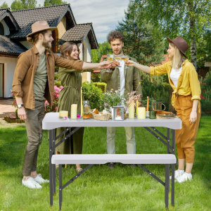 Costway Tavolo e sedie da giardino per 4 persone per patio, Set tavolo da picnic pieghevole con 2 panchine Bianco