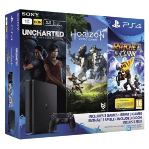 PS4 Slim Black 1Tb + Horizon Zero Dawn + Uncharted: The Lost Legacy + Ratchet & Clank – Ricondizionato – Condizioni eccellenti