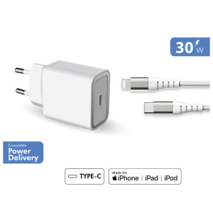 Caricabatterie da casa 30W Power Delivery Garanzia a vita + Cavo bianco USB C/Lightning – 100% plastica riciclata Force Power Lite – nuovo