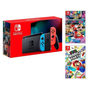Switch Neon 32GB + Super Mario Party e Mario Kart 8 Deluxe, Rosso, Blu – nuovo