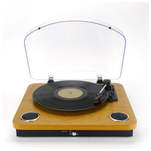 Giradischi Halterrego con altoparlanti/copertura integrati, RMS 2*2W, RCA OUT, Lec e Eng USB, BT IN/OUT, adattatore incluso, finitura laccata nera/legno – nuovo