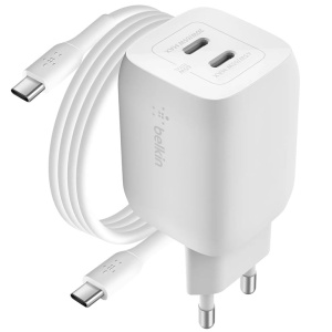 Belkin Dual USB-C Charger 65W, cavo USB C-C incluso, ricarica rapida Power Delivery 3.0 con tecnologia GaN per iPhone 13, 12, Pro, Pro Max, Mini, iPad Pro, MacBook, Galaxy, Tab, ecc. – nuovo