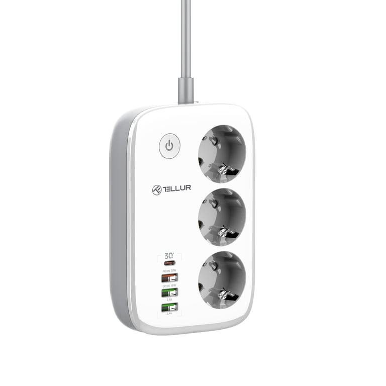 Ciabatta WiFi intelligente Tellur, 3 prese, 2*USB 2,4A, PD30W, QC18W, 2500W, 10A, 2m - nuovo