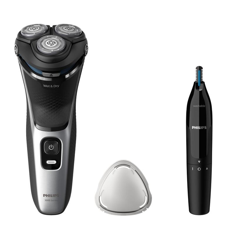 Philips s3143/02 rasoio elettrico ricaricabile wet e dry 3 testine con rifinitore bundle nero argento